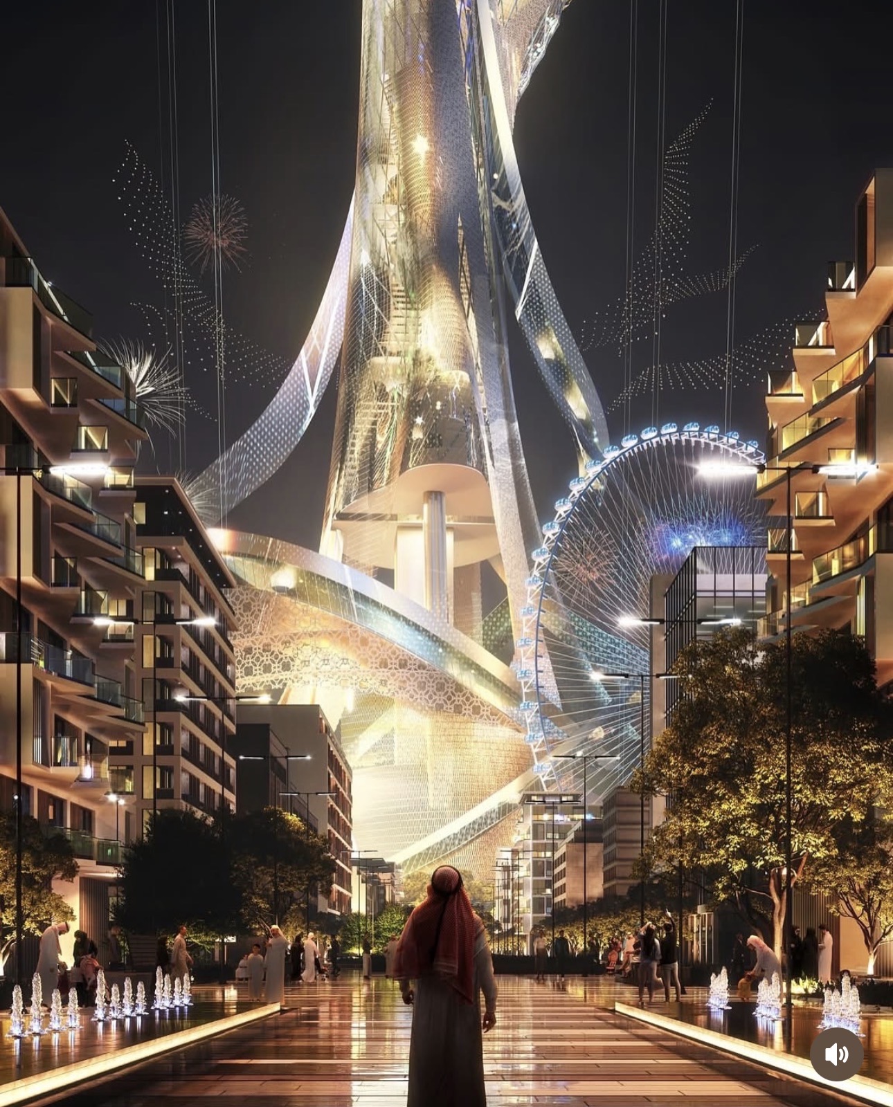 Base da Rise Tower com iluminação e área de convivência