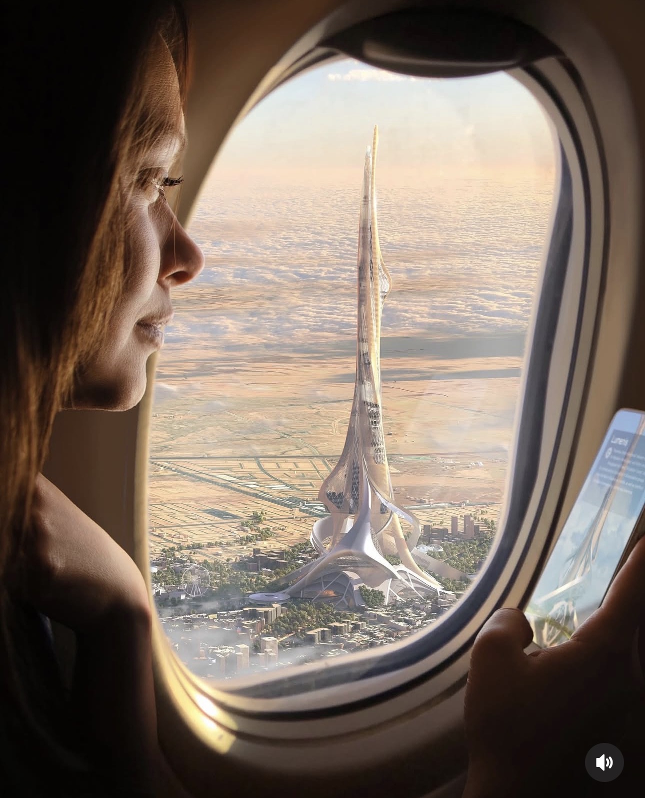 Vista da Rise Tower através da janela de um avião
